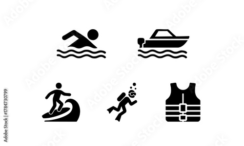 5er-Set Wasseraktivitäten: Schwimmen, Boot, Tauchen, Surfen, Schwimmweste