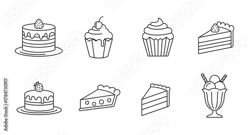 Delectable Sweet Treats Collection: An assortment of line art illustrations featuring cakes, cupcakes, slices, and ice cream creating a delightful visual feast for dessert lovers.