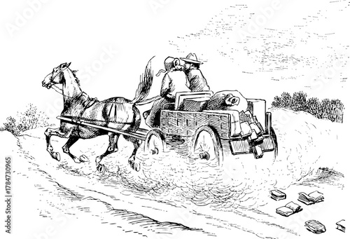 A couple riding at high speed, single horse drawn carriage, fast, with a cloud of dust, books falling off behind. Monochrome Vintage line drawing from the 1890s.