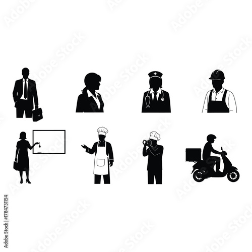 Diverse professional occupation silhouettes representing various careers and services in the modern workforce