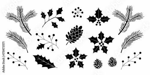 Collection of black silhouette christmas elements including pine branches holly berries and pine cones