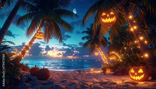Fototapeta Naklejka Na Ścianę i Meble -  Tropical beach is decorated for Halloween at night, with pumpkins, palm trees, and string lights