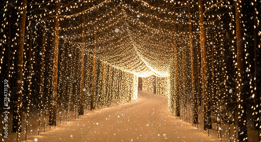 Obraz premium a street lined with trees covered in snow at night with lights on the poles and street lamps on either side of the road.