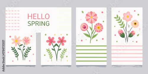Set of four charming spring greeting cards with floral illustrations and the text hello spring