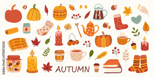 Cozy autumn elements collection featuring pumpkins candles leaves and warm drinks for seasonal design