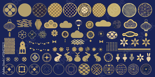 Collection of golden japanese inspired icons and patterns on a deep blue background