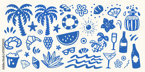 Collection of blue summer vacation icons and symbols on a white background