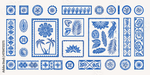 Collection of blue and white tropical inspired decorative elements and patterns