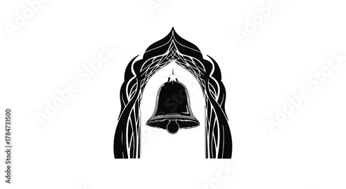 Ornate bell hanging within a decorative archway, symbolizing tradition and announcement
