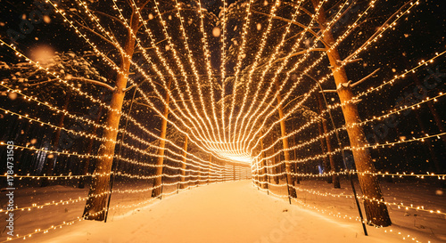 Fototapeta Naklejka Na Ścianę i Meble -  a street lined with trees covered in snow at night with lights on the poles and street lamps on either side of the road.