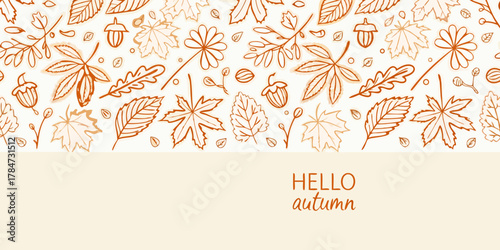 Hello autumn greeting with a seamless pattern of hand drawn fall leaves and acorns