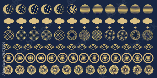 Collection of golden celestial and floral motifs on dark blue background