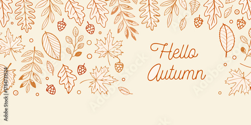 Hand drawn autumn leaves and pinecones border with hello autumn text on cream background