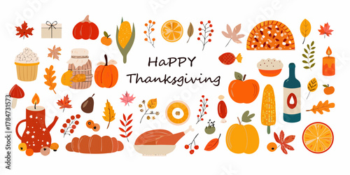Happy thanksgiving illustration with festive autumn elements and food