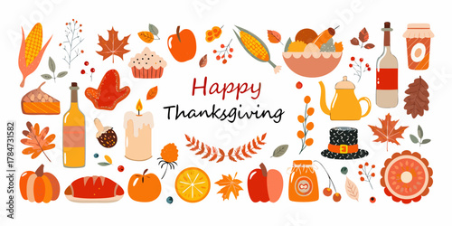 Happy thanksgiving illustration with autumn harvest elements and festive decorations