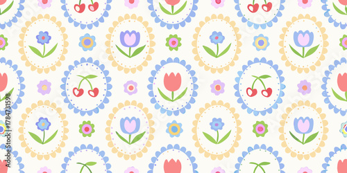 Charming seamless pattern of tulips and cherries in scalloped frames with small flowers