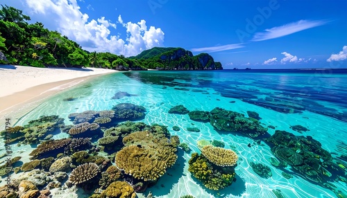 Fototapeta Naklejka Na Ścianę i Meble -  Tropical beach paradise crystal clear water, white sand, lush greenery, and vibrant coral reefs under a sunny sky