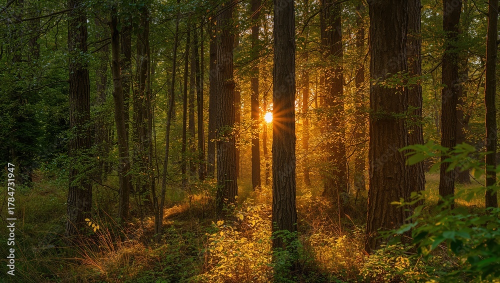 Fototapeta premium Golden sunbeams pierce lush forest canopy, illuminating vibrant green leaves and dappled sunlight on forest floor, creating a magical, serene woodland scene.