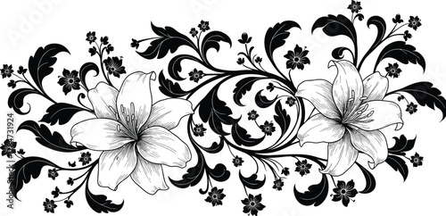 Beautiful floral ornament with blooming lilies and leaves in black and white, elegant botanical decorative artwork, CAD drawing flat vector illustration.