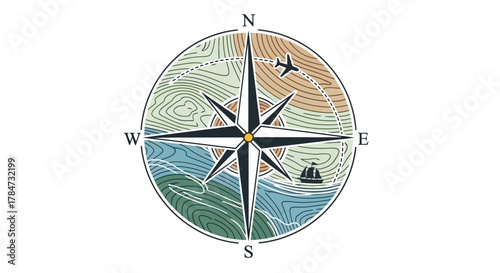 Compass Rose with Airplane and Boat Illustration.