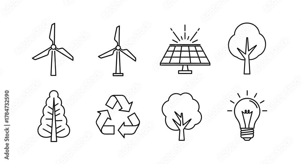 Fototapeta premium Eco-friendly future concept: An array of eco-friendly elements, with wind turbines, solar panels, trees, recycling symbols, and lightbulbs, illustrates sustainable practices.