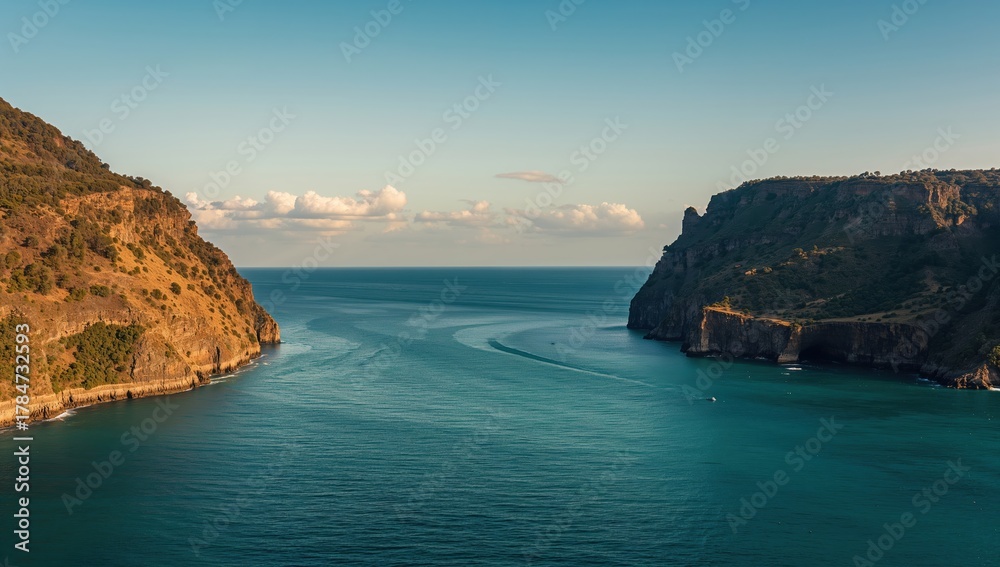 Fototapeta premium Explore the breathtaking beauty of a serene ocean inlet framed by majestic cliffs bathed in golden sunlight