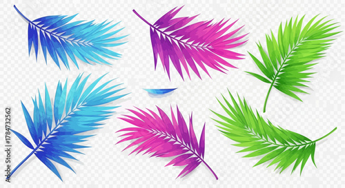 Vibrant tropical palm leaves in blue, green, and pink hues create a fresh, modern botanical vibe for stylish designs, evoking summer vacation memories