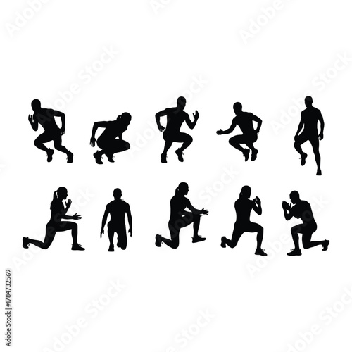Silhouette of people doing different exercises set of workout poses for fitness and health