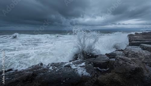 Fototapeta Naklejka Na Ścianę i Meble -  Powerful ocean wave crashes dramatically against dark, jagged rocks under a stormy, dramatic sky creating a breathtaking natural spectacle