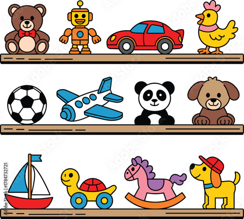 Toy shelf illustration, colorful children toys, organized playroom, teddy bear, robot, soccer ball, sailboat, panda, playful design, white background
