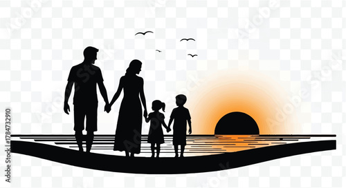 Silhouetted family holding hands on a beach at sunset, enjoying a peaceful moment together.