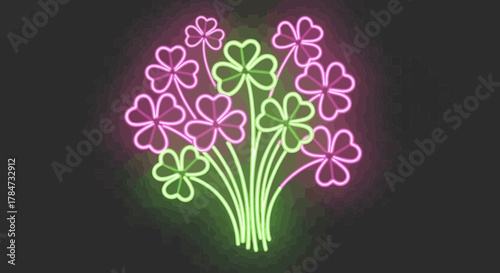 Lucky neon four leaf clover bouquet radiating vibrant charm and hopeful energy, perfect for St Patrick's Day designs and festive celebrations, originally a scalable graphic