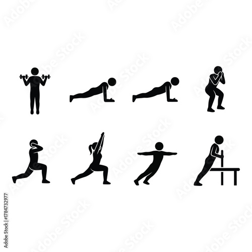 Set of black and white vector icons representing various fitness exercises