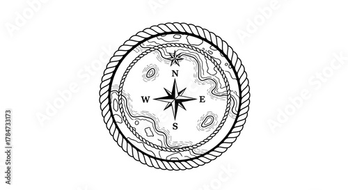Compass Rose with Topographic Map and Rope Border Illustration.