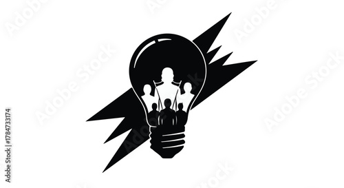 Teamwork and innovation symbolized by people inside a lightbulb graphic.