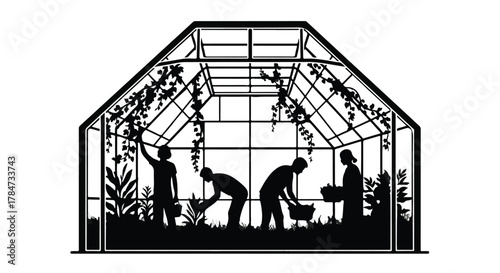 Silhouettes of people tending to plants inside a greenhouse, symbolizing growth and cultivation.