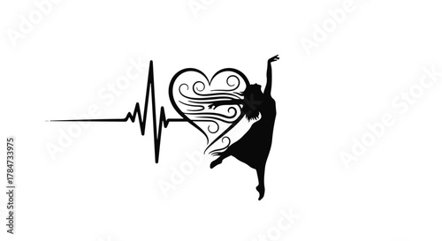 Silhouette of a dancer integrated with a heartbeat and heart symbol, symbolizing passion and life.