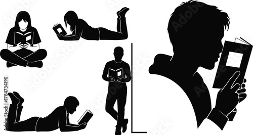 PrintReading silhouettes, book lovers, casual reading poses, education concept, literature, study time, students, learning, blarelaxing posture, reading habit, knowledge, library, youth, aca