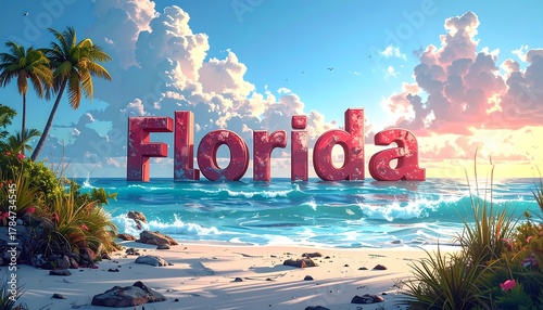 Fototapeta Naklejka Na Ścianę i Meble -  Tropical beach scene featuring 'Florida' text superimposed over serene ocean, sand, palm trees, and fluffy clouds