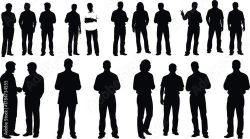 PrintStanding people silhouettes, black figures, human poses, social interaction, gesture icons, vector clipart, isolated design, communication theme, body language