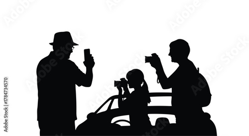 Silhouettes of people in a car capturing memories with cameras and phones against a white background