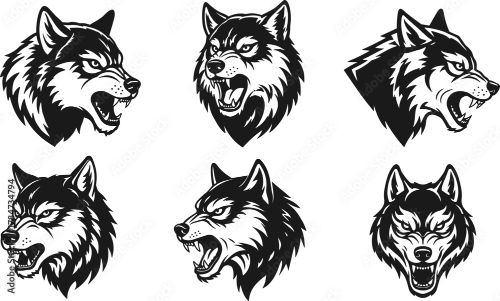 Obraz premium Black and white wolf head mascot collection, fierce wild animal illustration, aggressive wolf faces logo design, CAD drawing flat vector illustration.