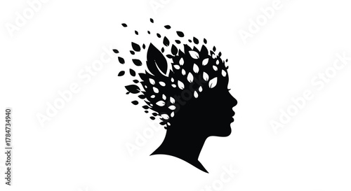 Silhouette of a woman's head dissolving into leaves, symbolizing nature and transformation