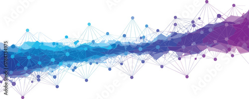Abstract digital network wave background with connected nodes, gradient technology mesh pattern, futuristic data flow design, CAD drawing flat vector illustration