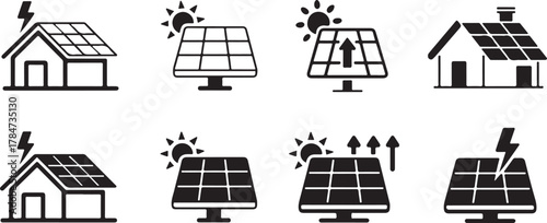 Solar Panel Icon Set — Renewable Energy, Eco Friendly Clean Power Vector Illustration
