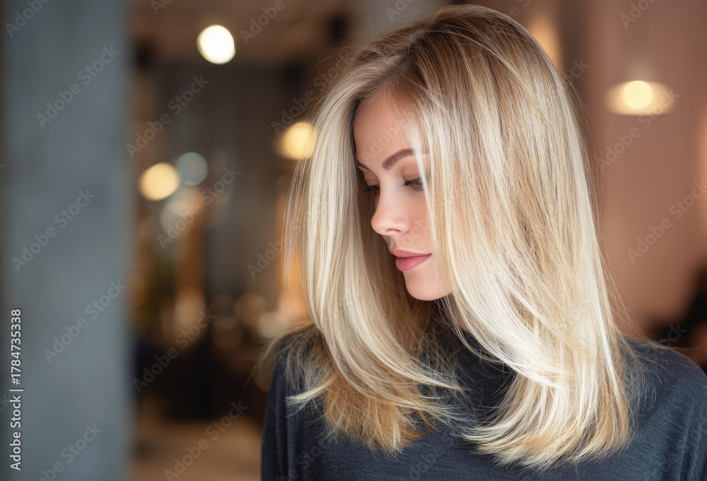 Fototapeta premium Beautiful young woman with straight shiny blonde hair in salon, soft lighting and elegant hairstyle in a modern professional setting.