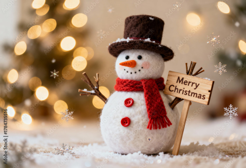 Fototapeta premium Merry Christmas Snowman Figurine with Red Scarf and Holiday Glow