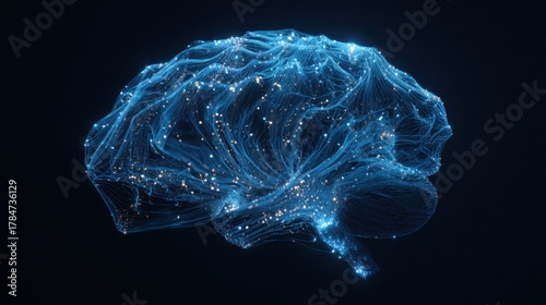 Fototapeta Naklejka Na Ścianę i Meble -  Abstract illustration of a glowing brain made of luminous particles and light trails on a dark background
