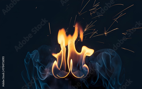 High quality vivid photo of a bright orange fire flame with flying sparks against a completely black background using surreal lighting and soft shading
