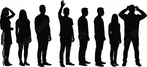 Human silhouettes standing and posing in different gestures, male and female group illustration, people posture study, CAD drawing flat vector illustration.